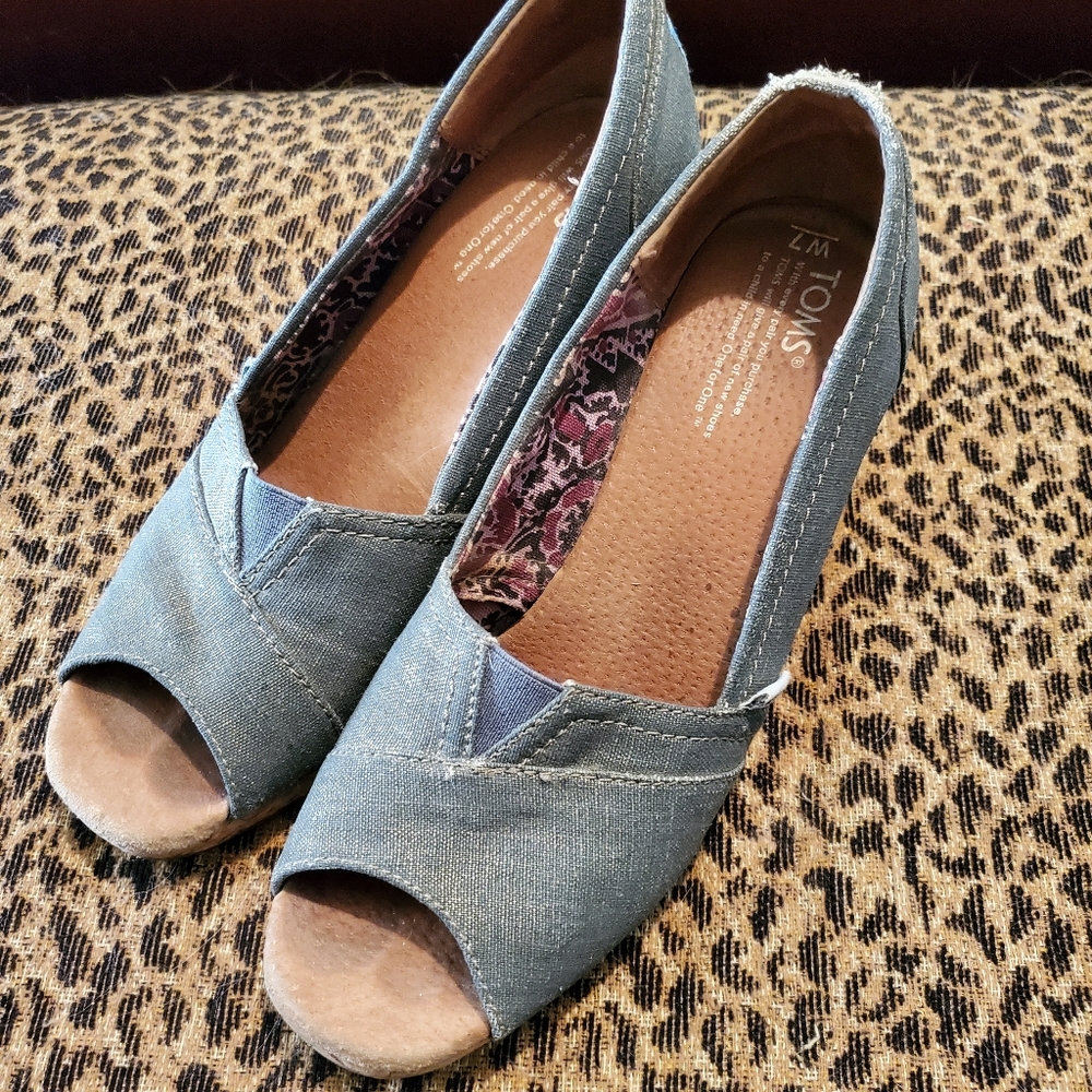 TOMS Gray Shimmer Canvas Espadrille Peep Toe